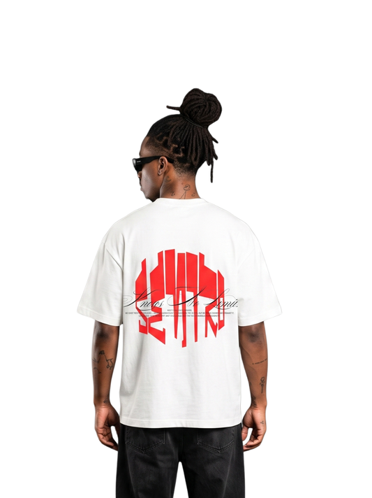 seniro white oversized graphic tshirt at unseen grail. local brands south africa. streetwear. men and women. studio image male model behind