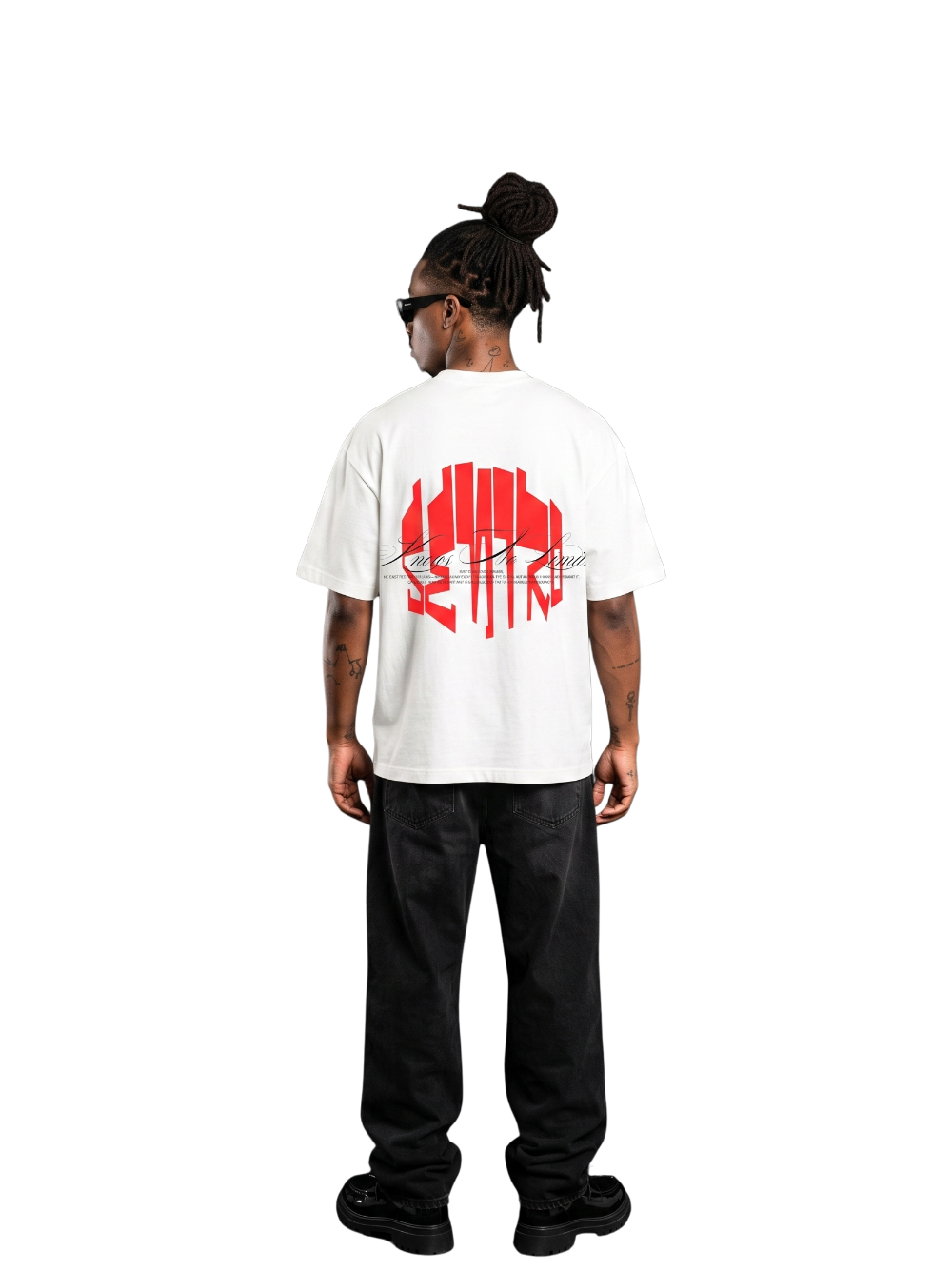 seniro white oversized graphic tshirt at unseen grail. local brands south africa. streetwear. men and women. studio image male model behind full outfit