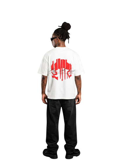 seniro white oversized graphic tshirt at unseen grail. local brands south africa. streetwear. men and women. studio image male model behind full outfit