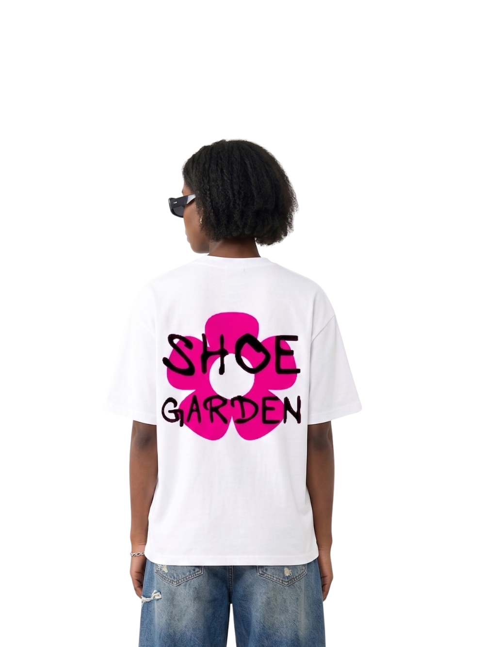 shoe garden white and pink oversized tshirt at unseen grail. men and women. south africa top local brands all at unseen grail. studio image behind female model