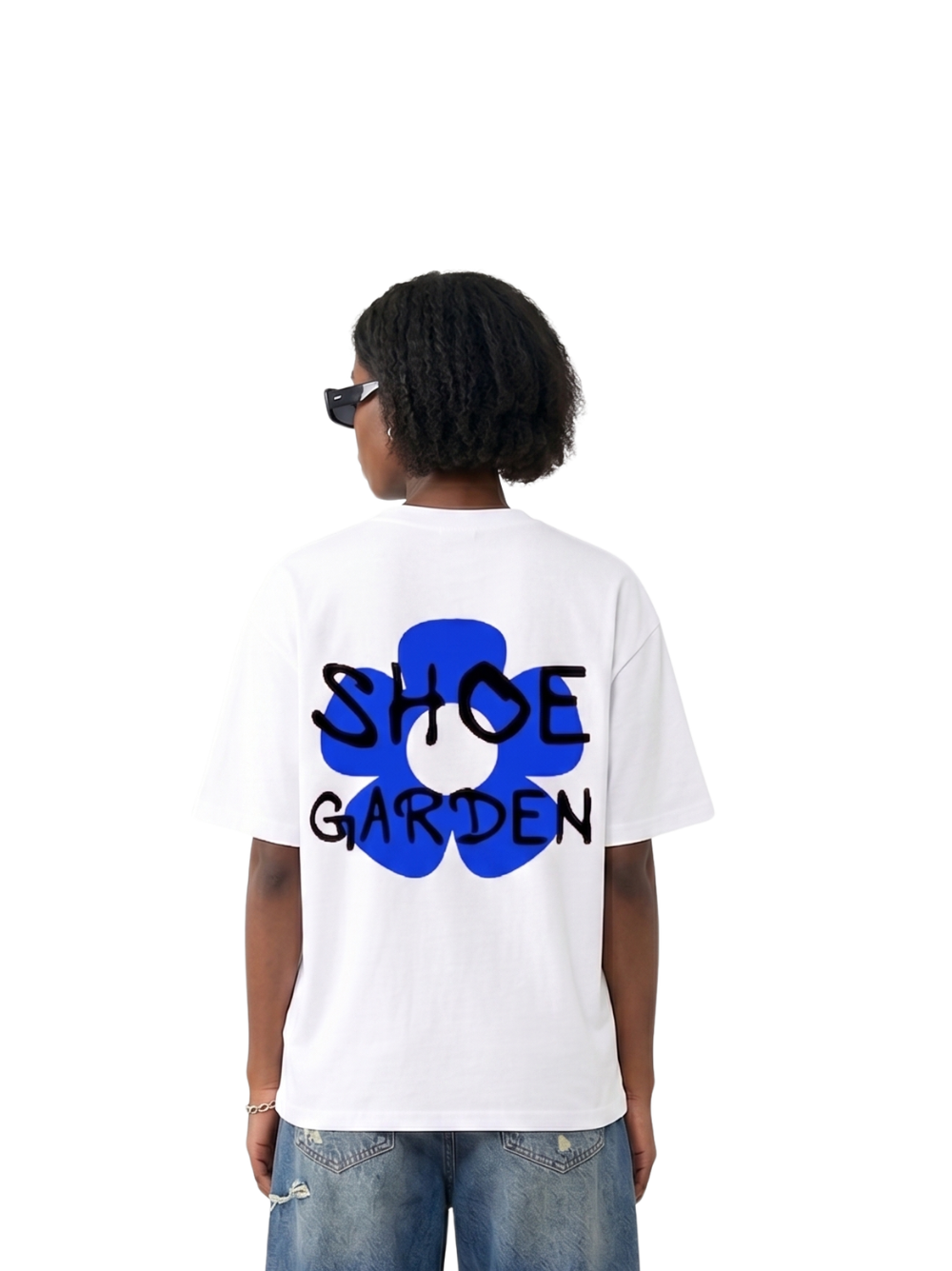 shoe garden white oversized tshirt at unseen grail. men and women. south africa top local brands all at unseen grail. studio image female model behind
