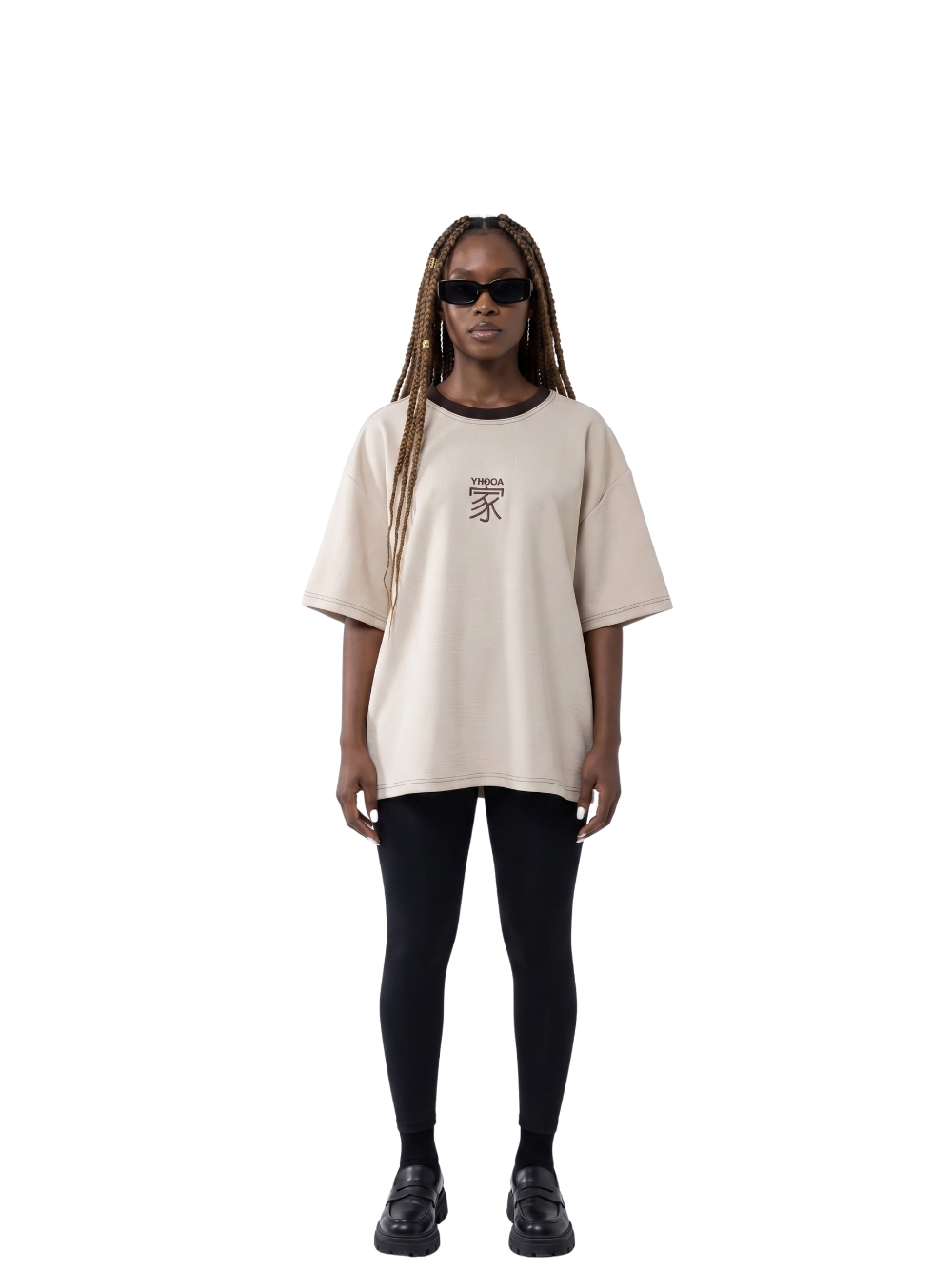 yhooa beige oversized graphic t shirt at unseen grail. local brands south africa. streetwear. men and women. studio image female model side