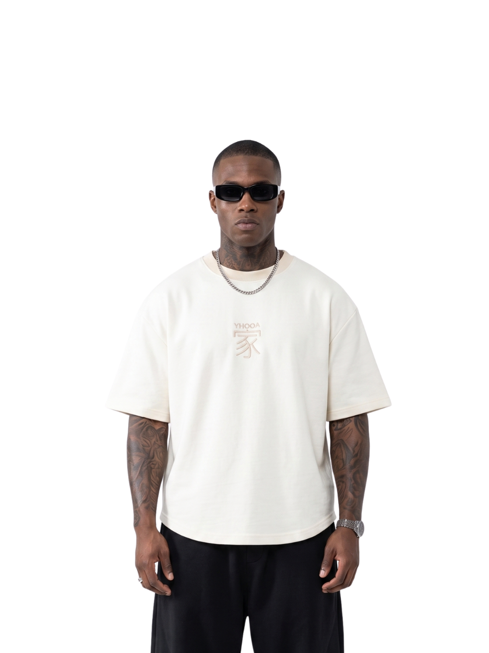 yhooa cream oversized graphic t shirt at unseen grail. local brands south africa. streetwear. men and women. studio image male model front